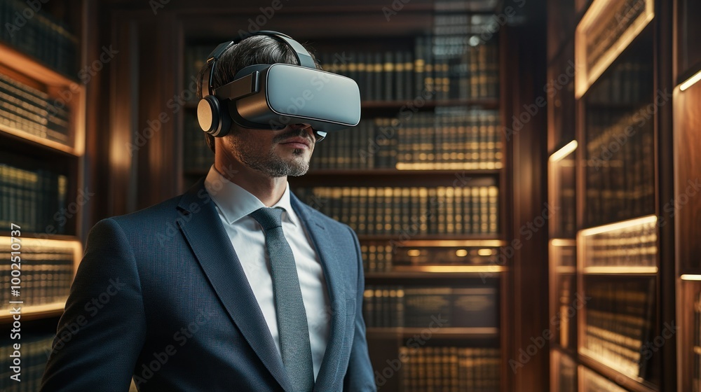 Poster man in a suit wearing a vr headset in a library