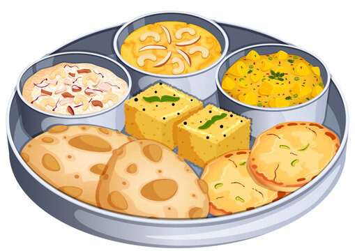 Indian Breakfast Thali. Puries, Potato Curry, Suji Halwa, Malpua, Dokla and Kheer - Authentic Cuisine Detailed Illustration 