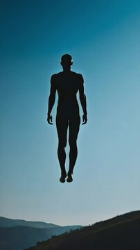 Naked man figure levitating above lush green hills under a bright blue sky conveys a sense of freedom and tranquility in a surreal, dreamlike landscape