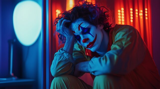 A clown actor sitting and gazing into a mirror with a sad expression, tears streaming down their face. The scene is bathed in dramatic blue and red lighting.