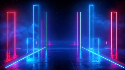 Futuristic neon landscape with vibrant blue and pink glowing pillars in a misty environment.