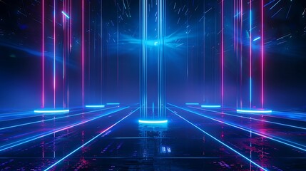 Futuristic neon landscape with vibrant blue and pink lights, creating a dynamic, immersive environment.