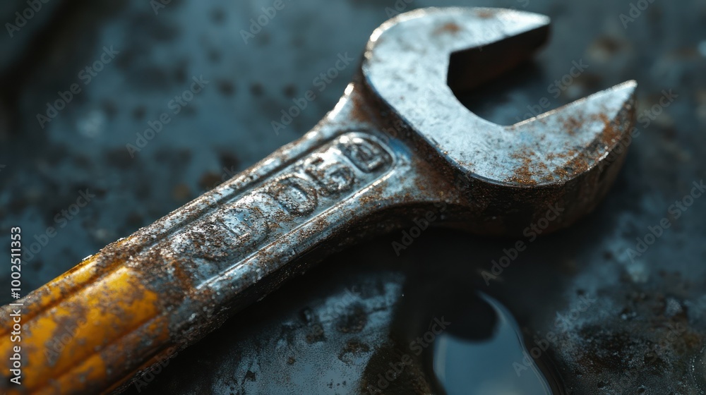 Poster A Close-Up View of a Rusted Wrench with a Yellow Handle