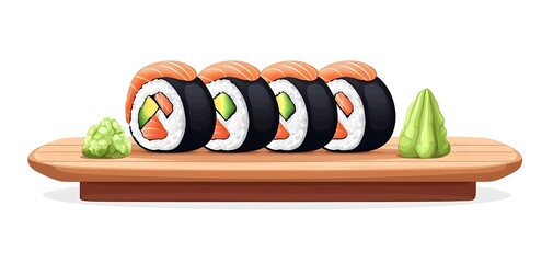 A plate of colorful sushi rolls, artfully arranged with ginger and wasabi, on a minimalist wooden table