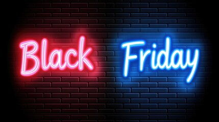 Obraz premium A neon Black Friday sign illuminates a cyberpunk city street against a dark black brick wall, creating a vibrant night atmosphere