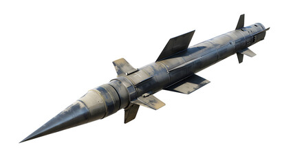 Guided missile rocket which could carry a ballistic tactical nuclear warhead png file cut out and isolated on a transparent background, military weapon stock illustration image