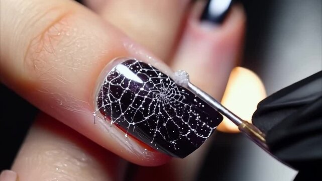 Horizontal Halloween video, beauty, manicure, gel polish with dip system, nail art, spider web painting on nails, black nails