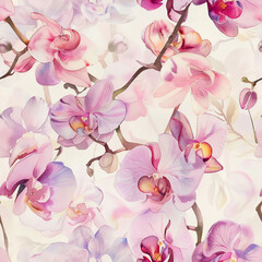 Fototapeta premium Watercolor seamless pattern with orchid flowers. Floral allover backgdrop