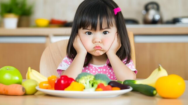 Child sitting at table frowning at plate of food, surrounded by untouched vegetables and fruits, showing reluctance and hesitation, representing the concept of picky eating