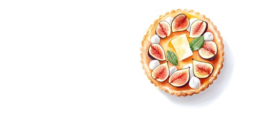 A top-down view of a delicate tart topped with figs, goat cheese, and honey