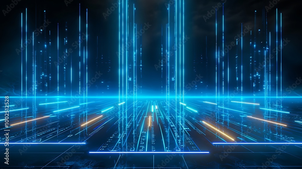 Poster futuristic neon light data visualization with glowing lines and patterns, abstract digital backdrop 