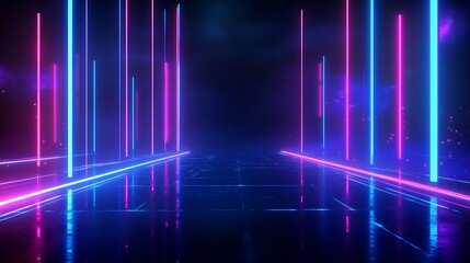 Fototapeta premium Futuristic neon light corridor with reflective floor, vibrant colors creating a stunning visual effect.