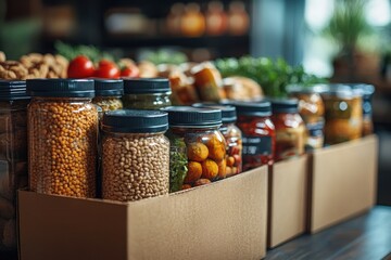 Organic Goods in Jars on a Market Stand with Fresh Produce in Background