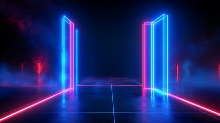 Fototapeta premium Futuristic neon light doors in a dark environment with smoke effect, creating a vibrant and dynamic visual experience.