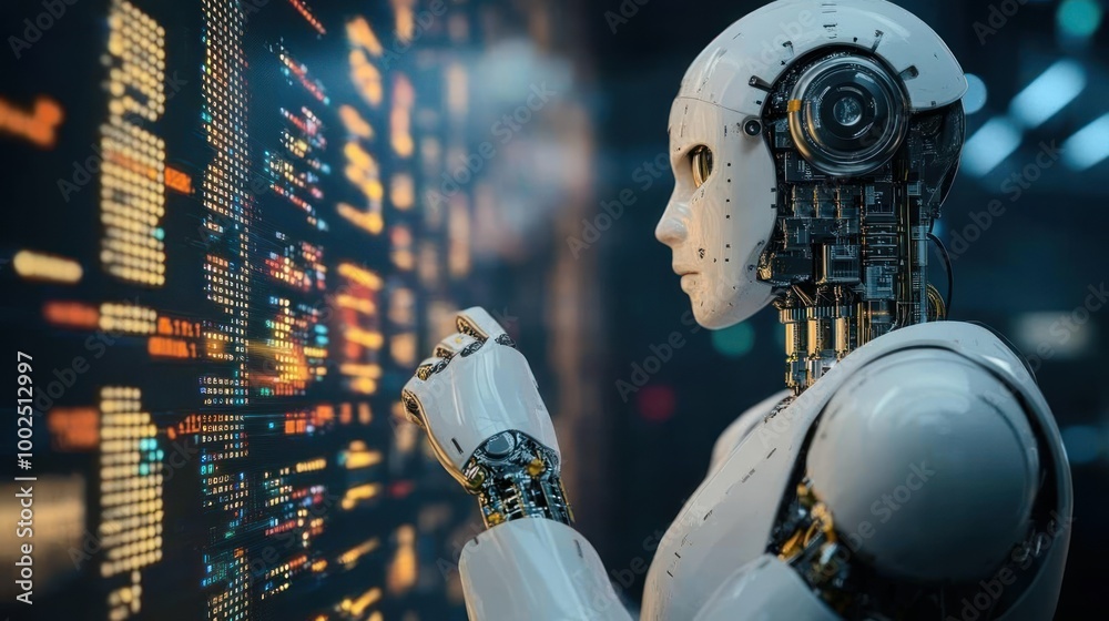 Poster A humanoid robot interacting with a digital interface.