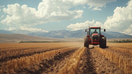 Obraz premium farmer using a tractor to till a field, helping to prepare farmland for planting crops in an expansive rural landscape