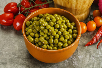 Sweet canned young green peas