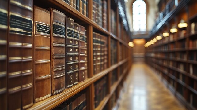 law office library with rows of legal books and references arranged on bookshelves, providing essential resources for legal professionals