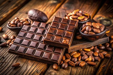 Luxurious dark chocolate bars beautifully displayed on a rustic wooden surface, accompanied by scattered cocoa beans,