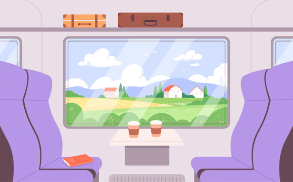 Passenger train window. Railway journey in cozy modern carriage with chairs and coffee table. Vacation in village, view on houses and valley racy vector scene
