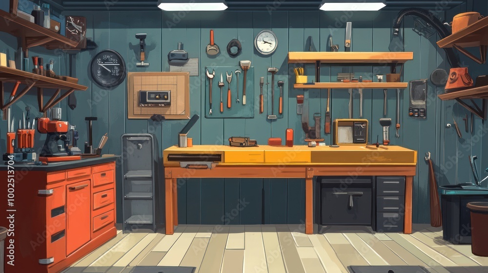 Poster a well-organized workshop with a workbench and shelves full of tools and equipment