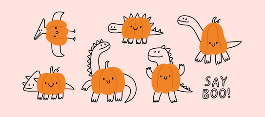 Fototapeta premium Cute cartoon dino in doodle style. Hallowin Dinosaur - Playful vector print.