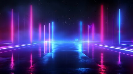 Fototapeta premium Futuristic neon lights beam down a reflective path, creating a vibrant and immersive atmosphere.