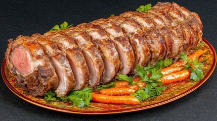 Sliced pork roast served with caramelized carrots on a festive dinner table, creating a warm, inviting holiday atmosphere