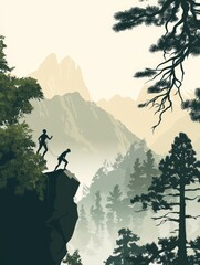 A man and a woman are climbing a mountain