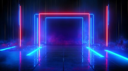 Fototapeta premium Futuristic neon lights create a mesmerizing atmosphere with glowing lines and vibrant colors on a reflective surface.