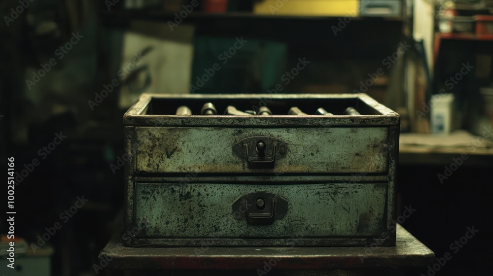 Poster two-drawer metal box with handles and scratches