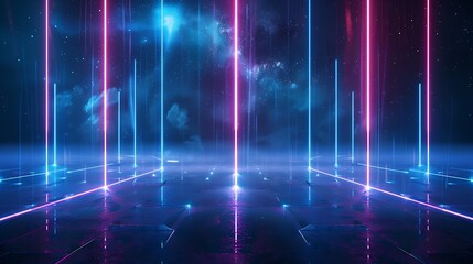 Futuristic neon lights create a vibrant, digital landscape with rays illuminating the dark space.