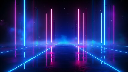 Futuristic neon lights create a vibrant, dynamic space with glowing lines in blue and pink against a dark background.