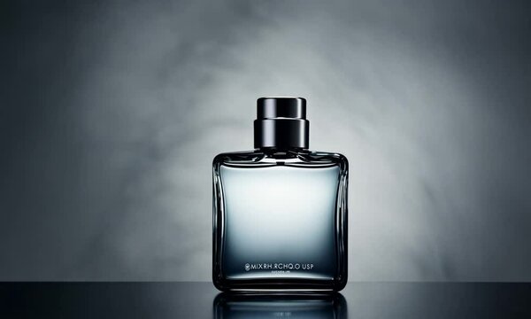 Men's perfume bottle with a clean and simple design on a dark background. Mockup for design