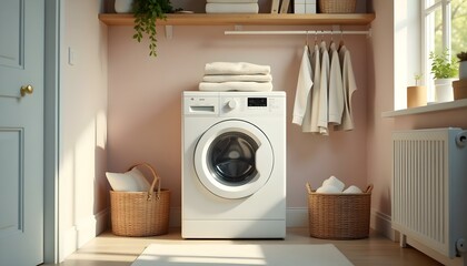 A washing machine in a cozy, pastel-colored room with shelves and folded clothes