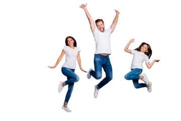 Full length body size photo of jumping enjoying nice glad family cute wearing white t-shirts jeans denim while isolated with blue background