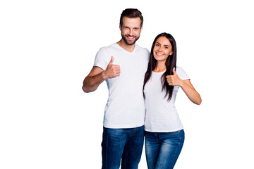 Fototapeta premium Photo of cute marriage pair raising thumbs up wear casual outfit isolated blue background