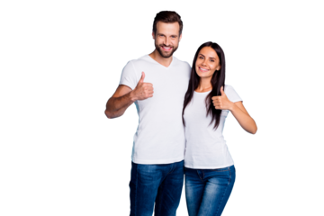 Photo of cute marriage pair raising thumbs up wear casual outfit isolated blue background