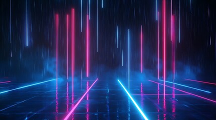 Futuristic neon lights create a vibrant atmosphere with glowing lines against a dark backdrop, evoking a sense of digital innovation.