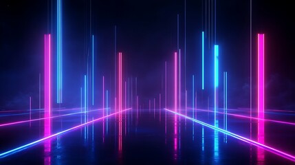 Fototapeta premium Futuristic neon lights create a vibrant atmosphere with glowing vertical beams on a reflective surface.