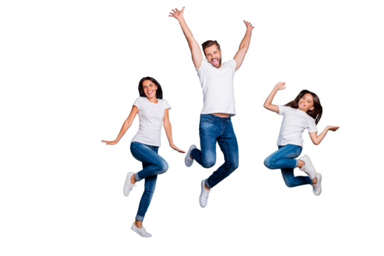 Full length body size photo of jumping enjoying nice glad family cute wearing white t-shirts jeans denim while isolated with blue background