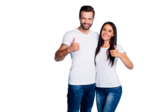 Photo of cute marriage pair raising thumbs up wear casual outfit isolated blue background