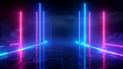 Fototapeta premium Futuristic neon lights create a vibrant hallway effect in a dark environment.