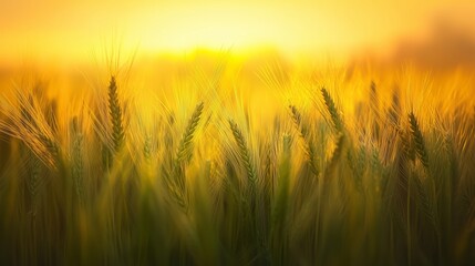 Fototapeta premium Golden wheat field swaying gently in the breeze at sunrise, capturing nature's tranquility at dawn