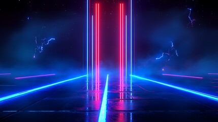 Futuristic neon lights create an electrifying atmosphere with glowing lines and colorful reflections on the surface.
