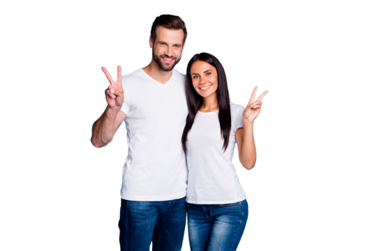 Photo of cute marriage pair showing v-sign symbols wear casual outfit isolated blue background