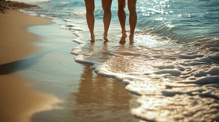 a couple finds seaside serenity, enjoying a romantic barefoot walk on the beach, with the waves rolling gently in the background, offering a tranquil and intimate moment