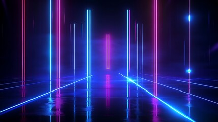 Fototapeta premium Futuristic neon lights create an immersive digital landscape, vibrant colors reflecting in a sleek floor.