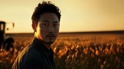 A portrait of an East Asian man gazing thoughtfully at the horizon, with fields of autumn crops in the distance.