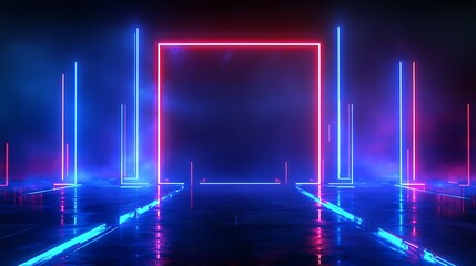 Fototapeta premium Futuristic neon lights create an immersive digital landscape with vibrant colors and reflections.